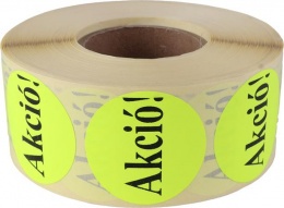 Etikett, 38 mm kör, "AKCIÓ" felirattal, 1000 etikett/tekercs, citromsárga
